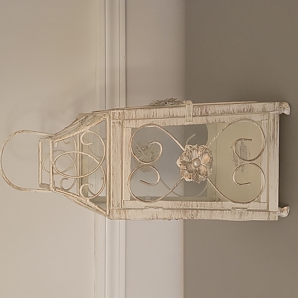 PIER 1 Vintage Cream Metal Lantern with Floral Design 13 " high  6 inches wide